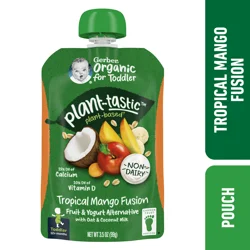 Gerber Organic Toddler Food, Tropical Mango Fusion Fruit and Yogurt with Oat and Coconut Milk Pouch, Non-Dairy, 3.5 oz