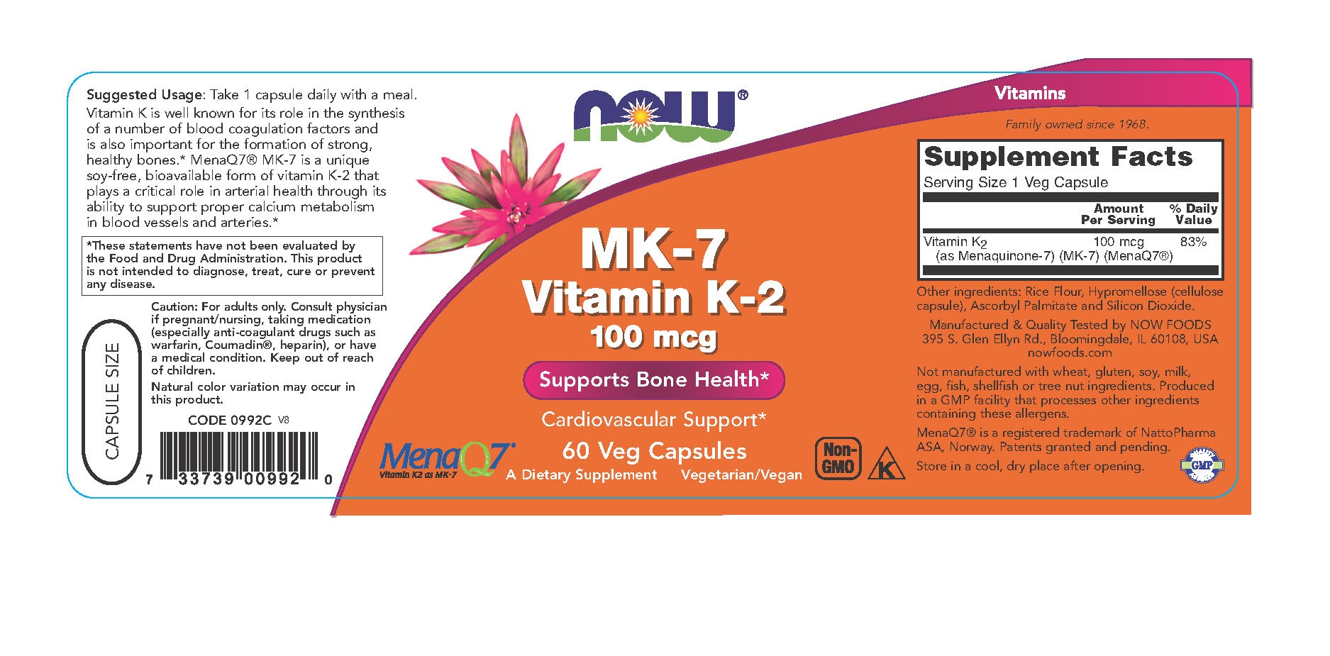 slide 2 of 2, NOW Vitamin Mk-7 K-2 100Mcg, 60 ct
