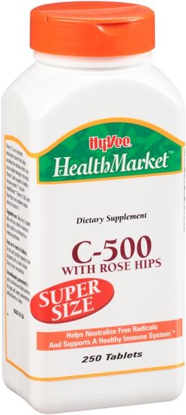 slide 1 of 1, Hy-Vee HealthMarket C-500 With Rose Hips Dietary Supplement Tablets, 250 ct