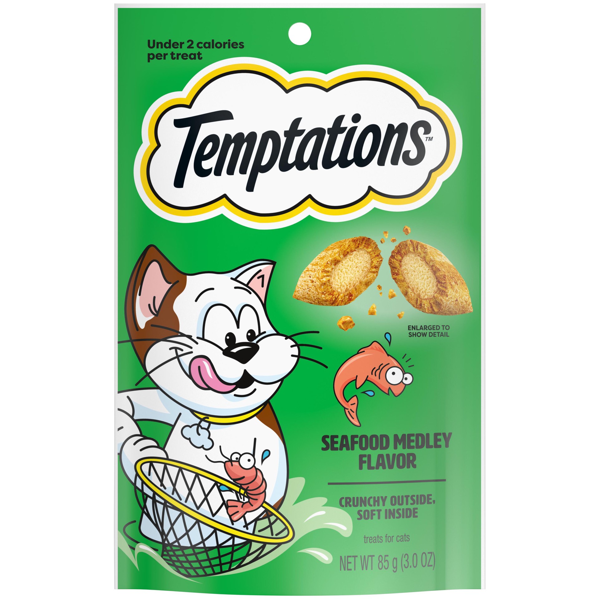 slide 1 of 5, Temptations Classic Crunchy and Soft Cat Treats Seafood Medley Flavor, 3 oz. Pouch, 3 oz