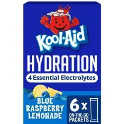 Kool-Aid Hydration Electrolyte Powder Drink Mix, 6 On-the-Go-Packets, for Easy and Flavorful Hydration, Blue Raspberry Lemonade Artificial Flavor, Zero Sugar, No Artificial Dyes, 1.32 oz Box