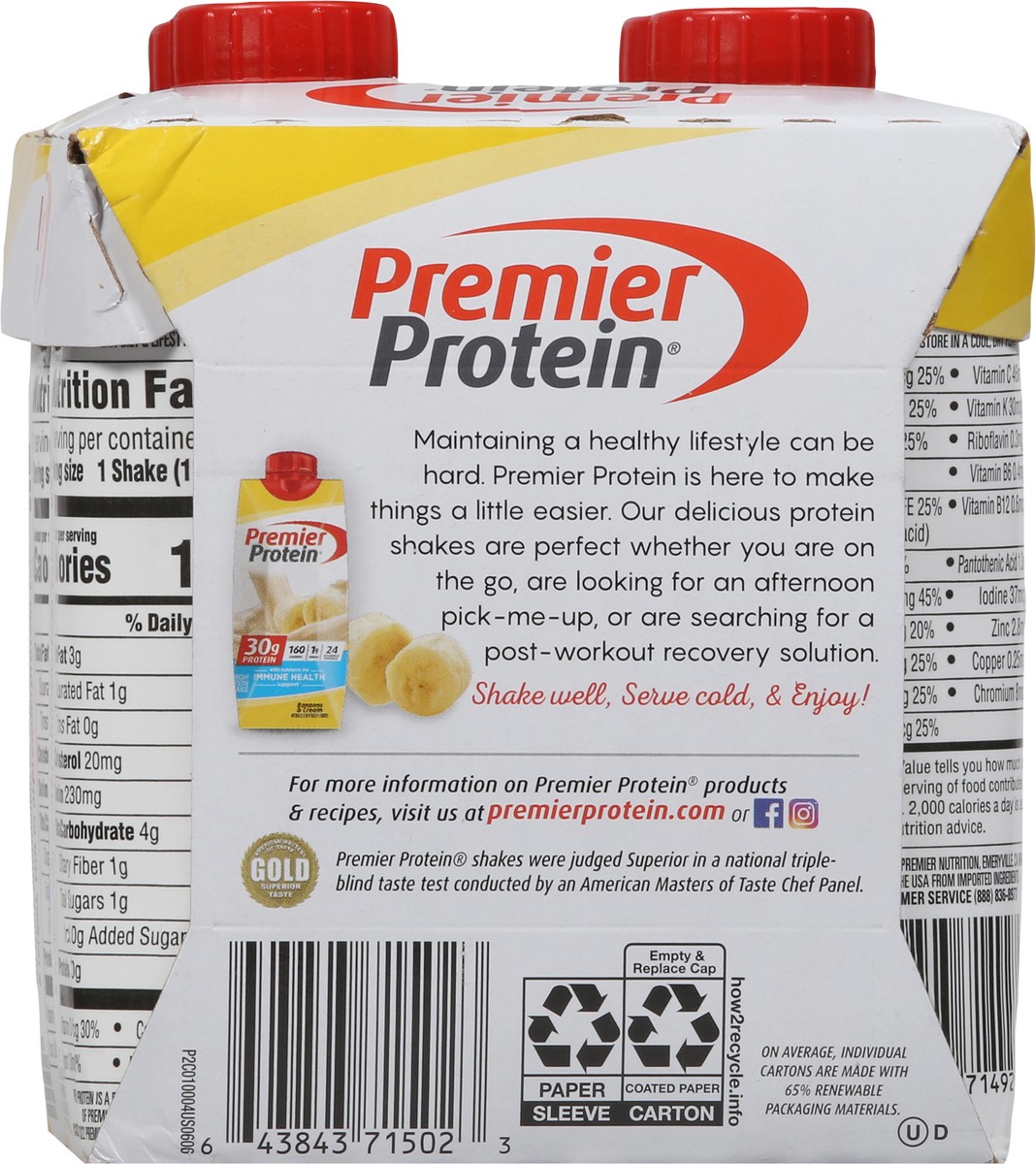 slide 5 of 9, Premier Protein 4 Pack Bananas & Cream High Protein Shake 4 - 11 fl oz Shakes, 4 ct; 11 fl oz