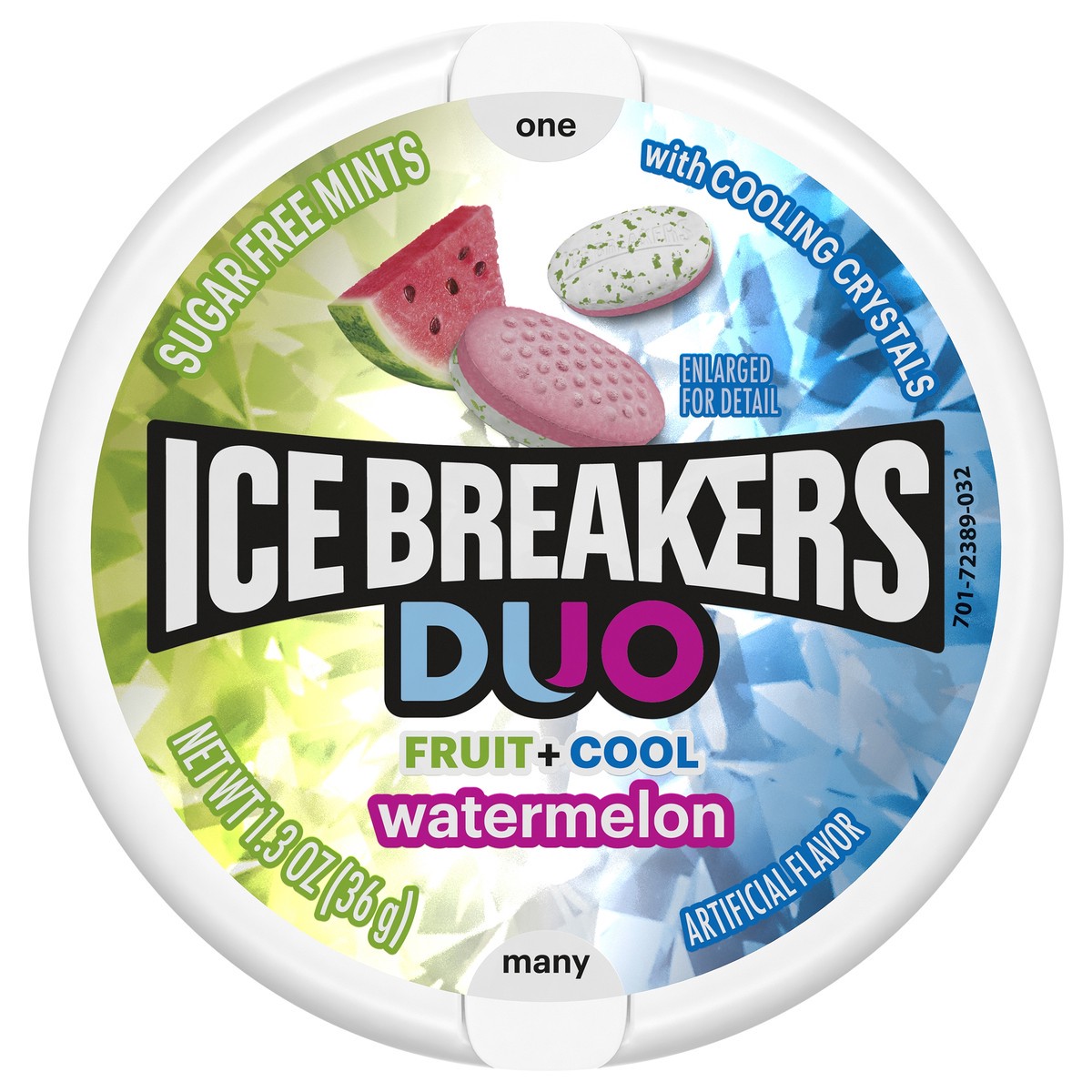 slide 1 of 10, ICE BREAKERS Duo Fruit Plus Cool Watermelon Sugar Free Mints Tin, 1.3 oz, 1.3 oz