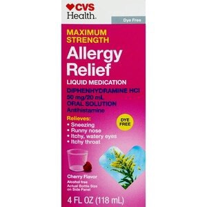 slide 1 of 1, CVS Health Maximum Strength Allergy Relief Liquid Dye Free Diphenhydramine Hcl Oral Antihistamine, Cherry, 4 Oz, 1 ct