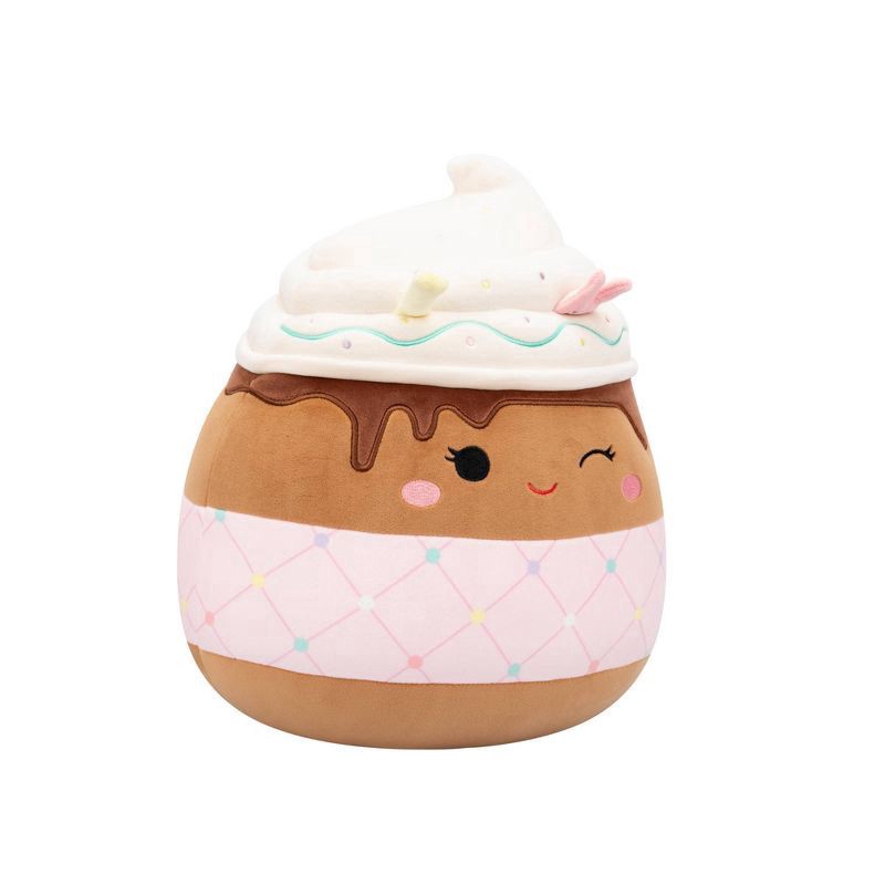 slide 4 of 11, Squishmallows 12" Allegra Winking Chocolate Frappe with Pink Quilted Sleeve, 12 in