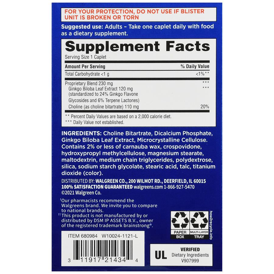 slide 3 of 5, Walgreens Memory Support Supplement Ginko Biloba & Choline Caplets, 30 ct