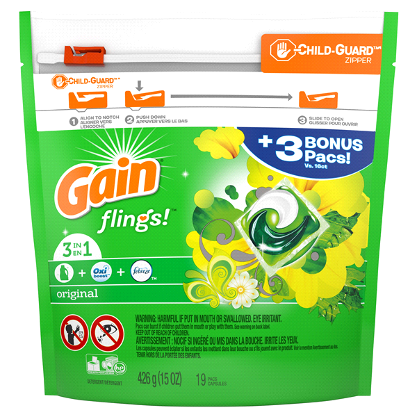 slide 1 of 1, Gain flings! Liquid Laundry Detergent Pacs, Original, 19 ct