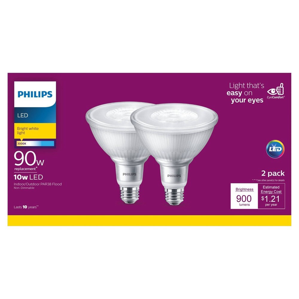 slide 5 of 5, Philips 10Watt 90Watt Par38 Led Floodlight Bulbs Bright White, 2 ct