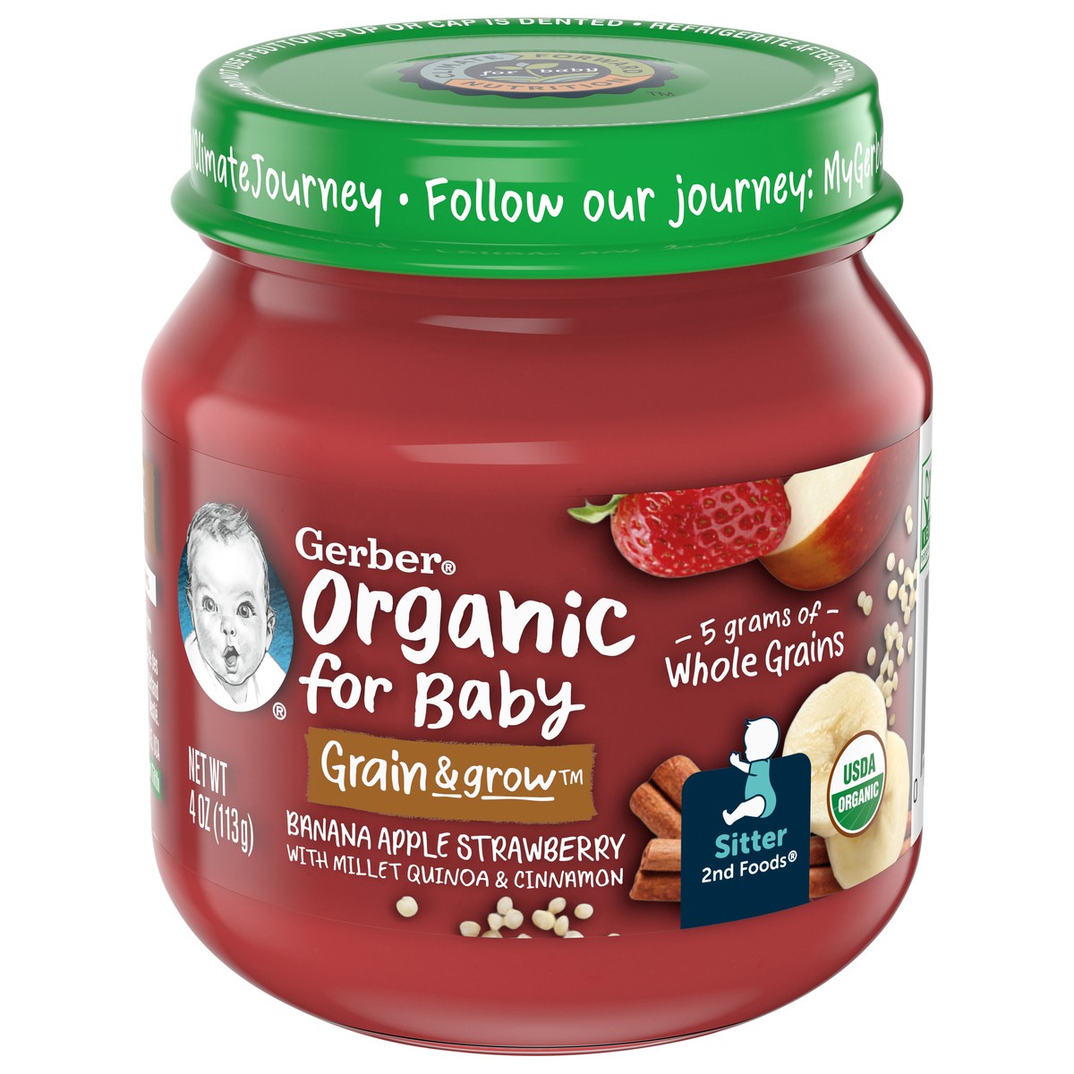 slide 4 of 9, Gerber 2nd Foods Organic Banana Apple Strawberry Baby Food With Millet, Quinoa & Cinnamon, 4 oz Jars, 10 Count, 4 oz