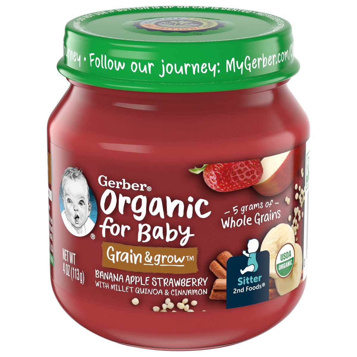 slide 7 of 9, Gerber 2nd Foods Organic Banana Apple Strawberry Baby Food With Millet, Quinoa & Cinnamon, 4 oz Jars, 10 Count, 4 oz