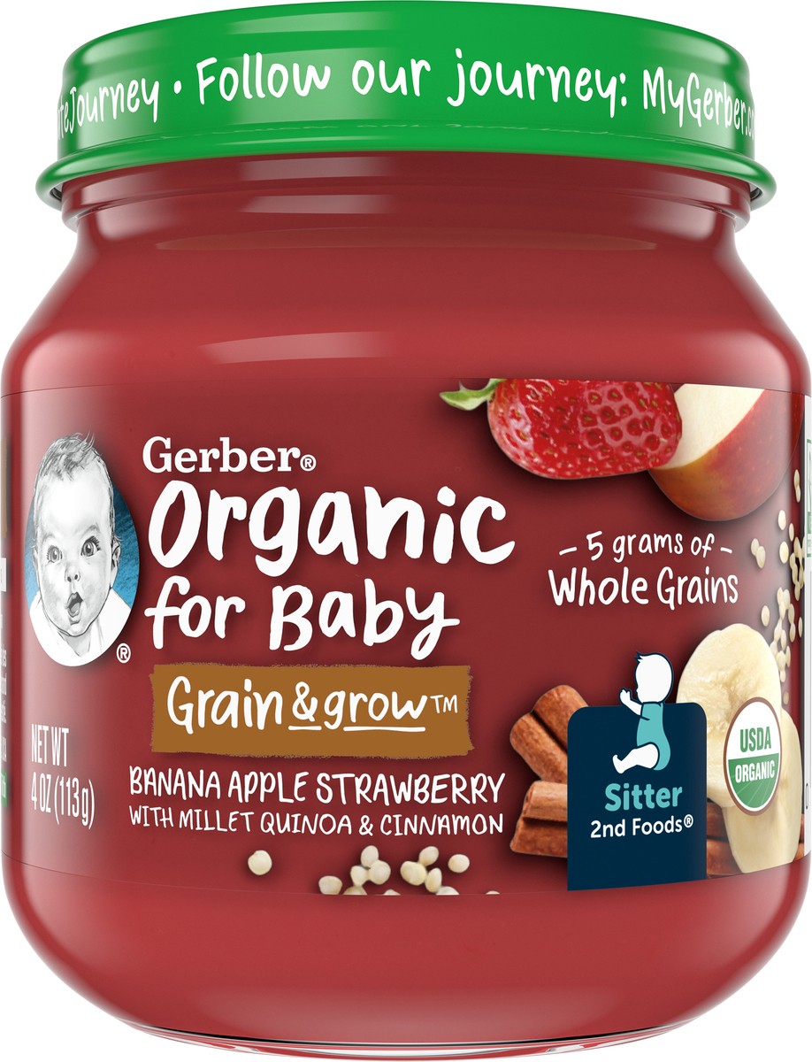 slide 8 of 9, Gerber 2nd Foods Organic Banana Apple Strawberry Baby Food With Millet, Quinoa & Cinnamon, 4 oz Jars, 10 Count, 4 oz