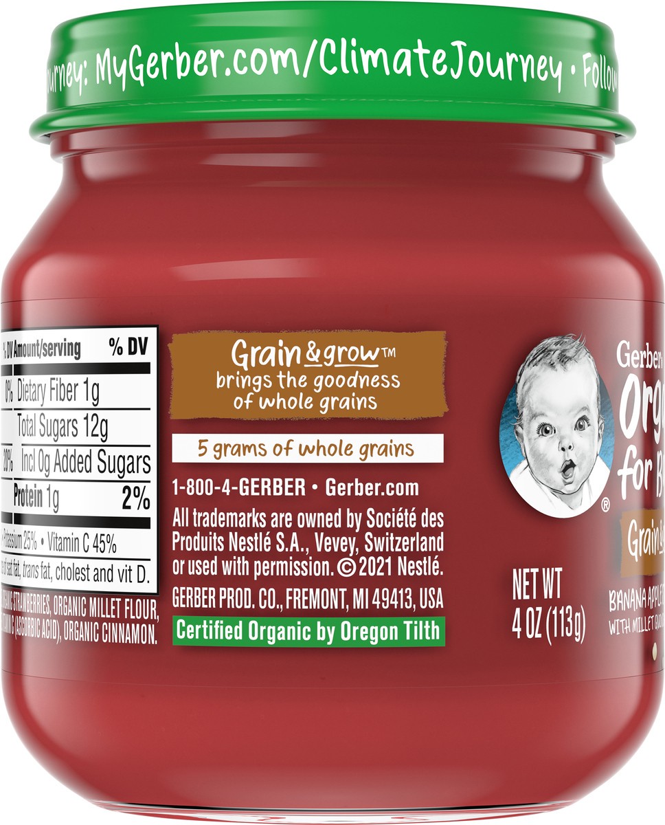 slide 2 of 9, Gerber 2nd Foods Organic Banana Apple Strawberry Baby Food With Millet, Quinoa & Cinnamon, 4 oz Jars, 10 Count, 4 oz