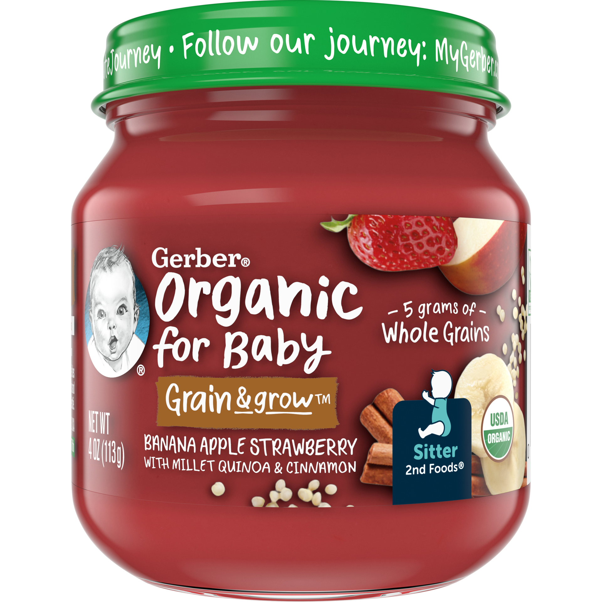 slide 1 of 9, Gerber 2nd Foods Organic Banana Apple Strawberry Baby Food With Millet, Quinoa & Cinnamon, 4 oz Jars, 10 Count, 4 oz