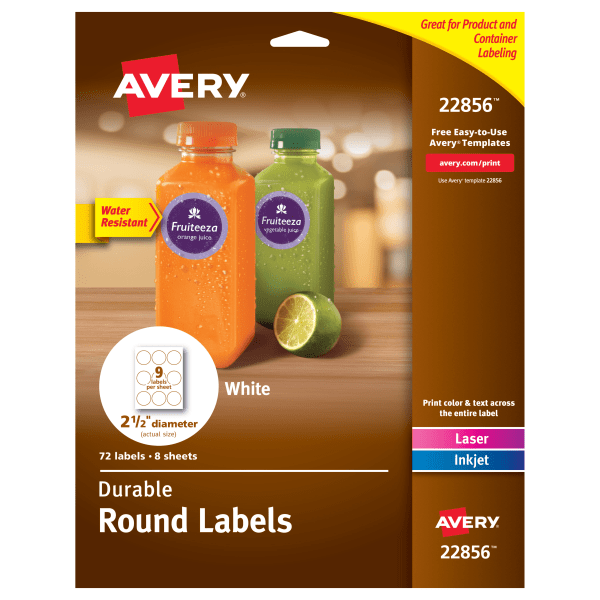 slide 1 of 10, Avery Print-To-The-Edge Water Resistant Labels, 22856, Round, White, 72 ct; 2.5 in