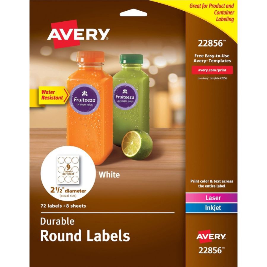 slide 7 of 10, Avery Print-To-The-Edge Water Resistant Labels, 22856, Round, White, 72 ct; 2.5 in
