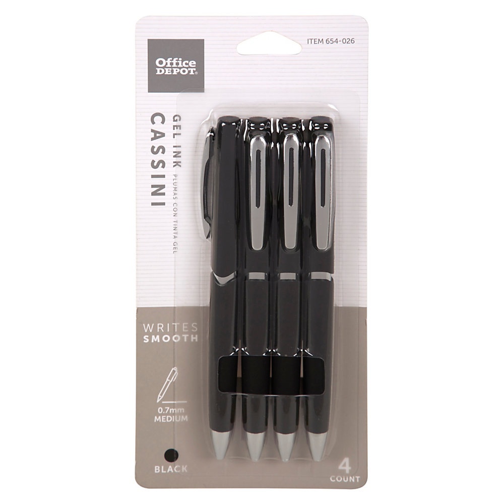 slide 1 of 1, Office Depot Brand Cassini Side-Click Gel Pens, Fine Point, 0.7 Mm, Black Barrel, Black Ink, Pack Of 4, 4 ct