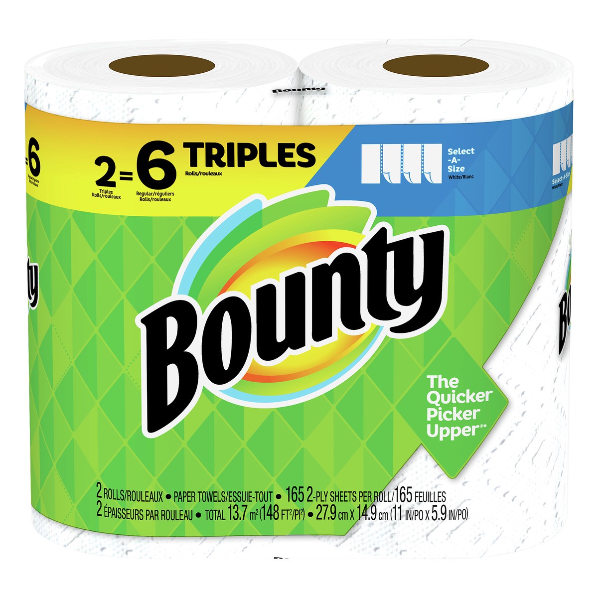 slide 1 of 6, Bounty 2-Ply White Triples Rolls Select-A-Size Paper Towels 2 ea, 2 ct