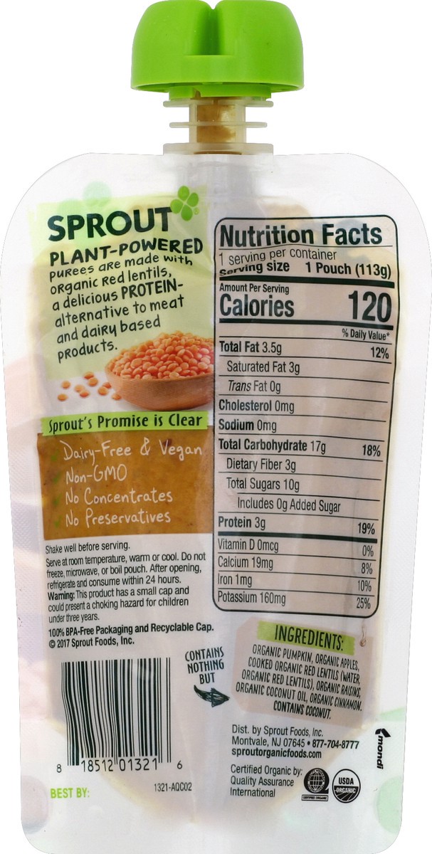 slide 6 of 6, Sprout Baby Food, Pumpkin Apple Red Lentil With Cinnamon, 4 oz