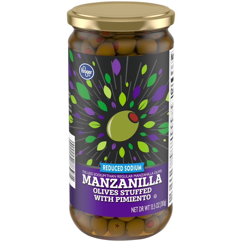 slide 1 of 1, Kroger Manzanilla Olives Stuffed with Pimiento - Reduced Sodium, 13.5 oz