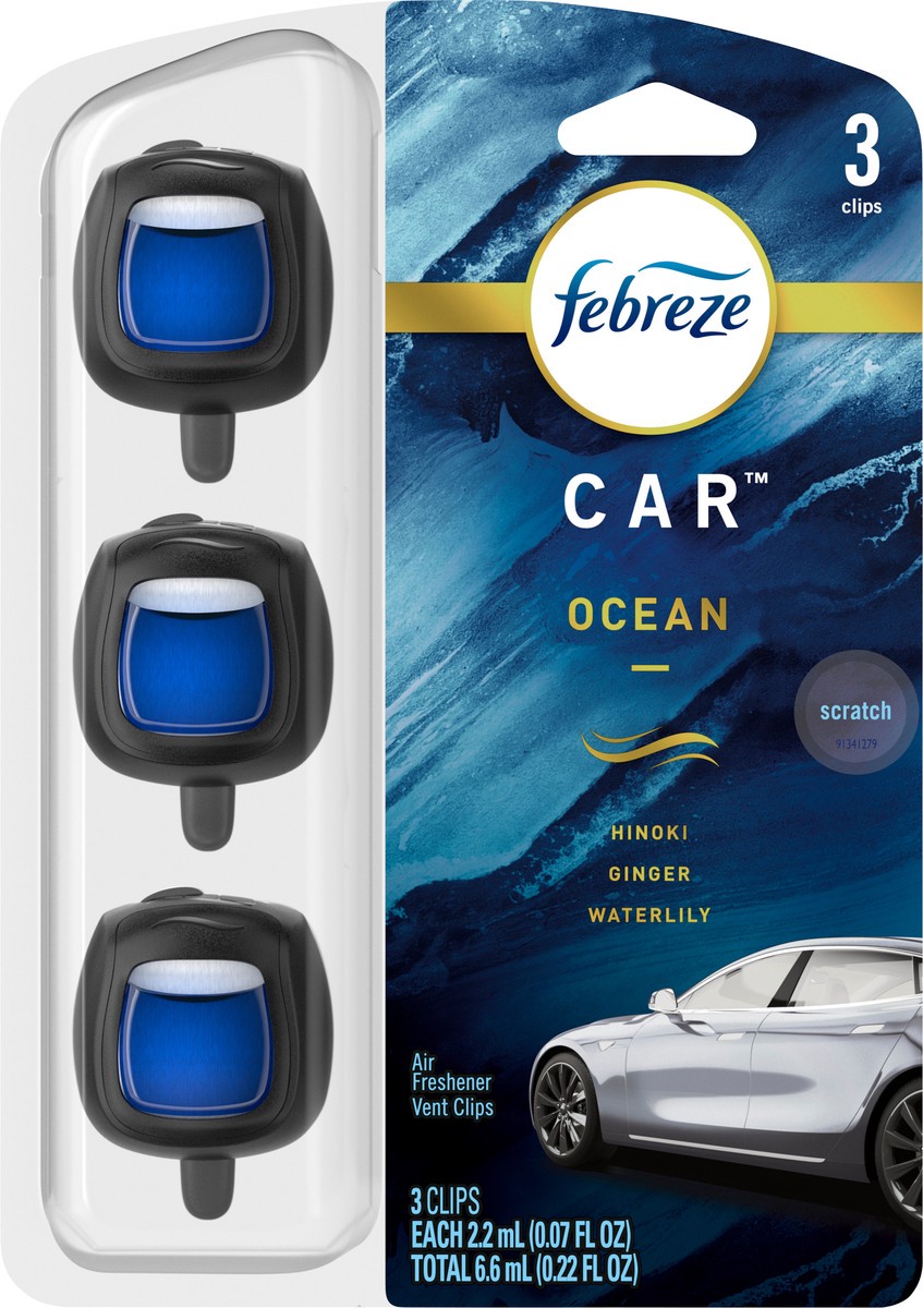 slide 2 of 3, Febreze Car Air Freshener Vent Clip Ocean Scent , 07 oz. Car Vent Clip, Pack of 3 and Stay-Fresh Storage Case, 3 ct