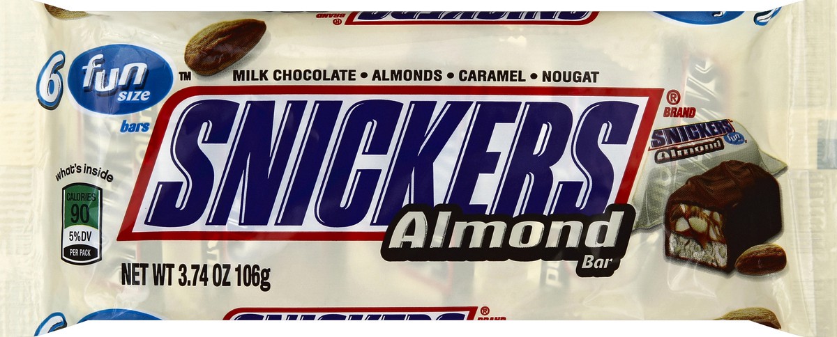 slide 5 of 5, Snickers, Almond Fun Size Chocolate Candy Bars, 3.74 Oz, 6 Ct, 3.74 oz