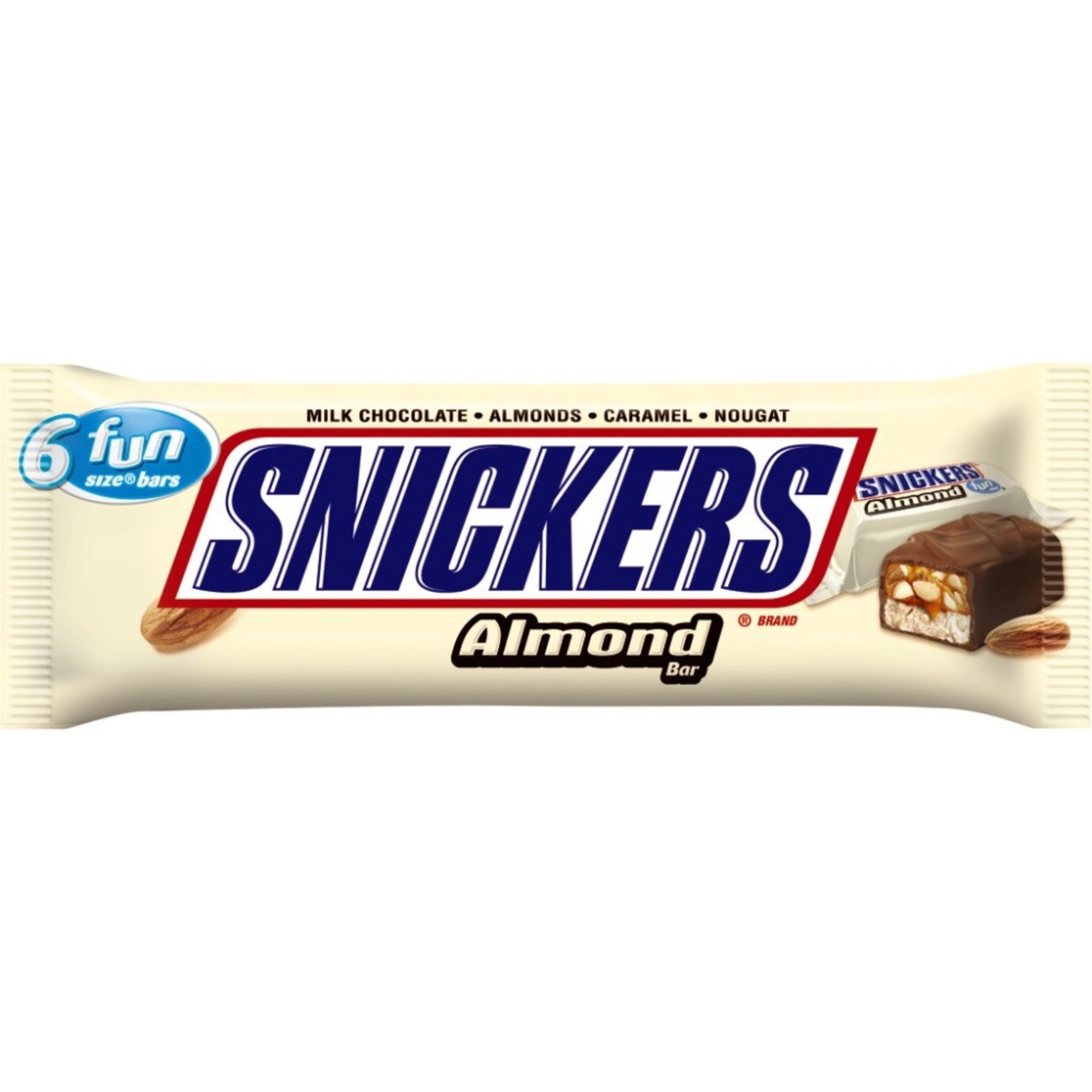 slide 1 of 5, Snickers, Almond Fun Size Chocolate Candy Bars, 3.74 Oz, 6 Ct, 3.74 oz