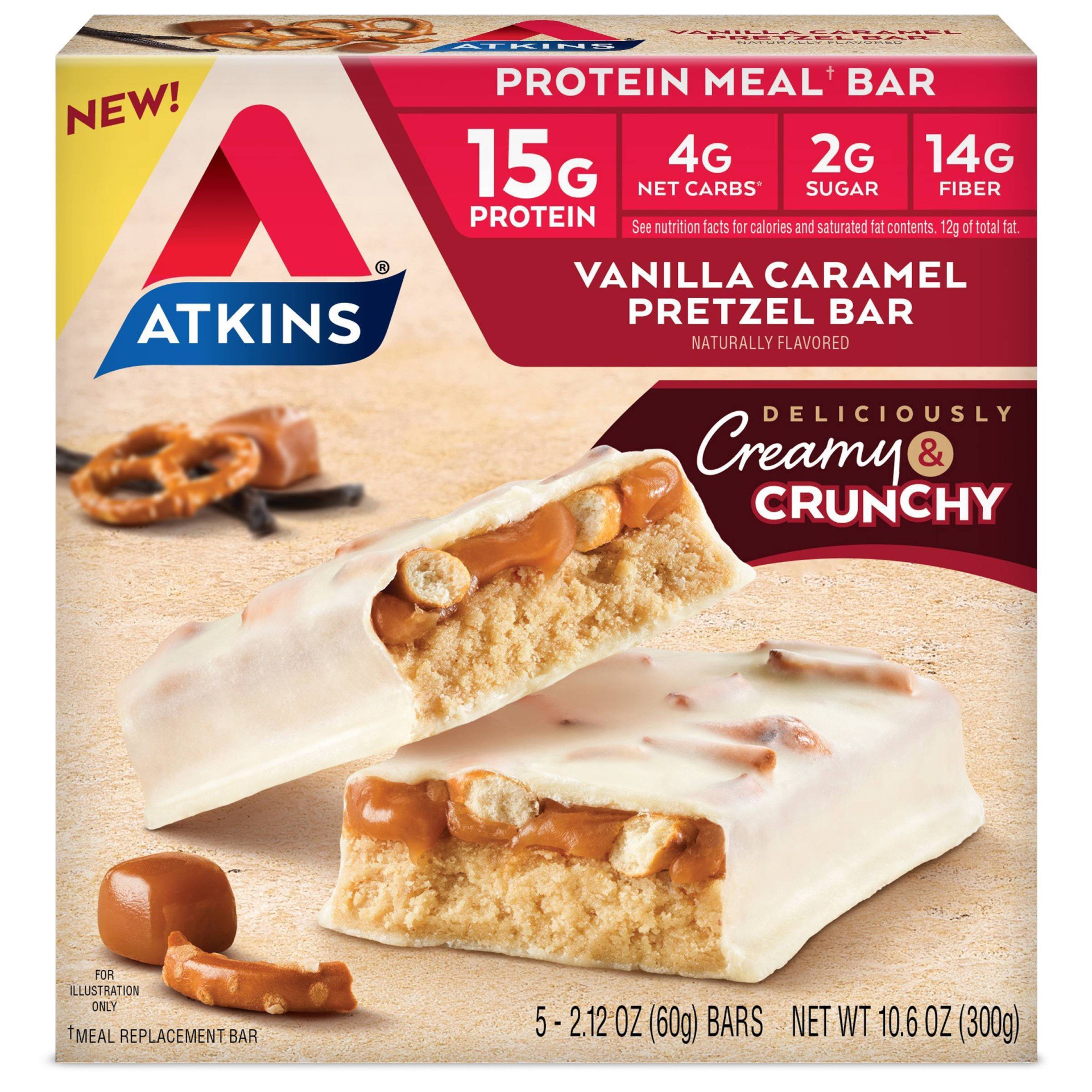 slide 1 of 9, Atkins Vanilla Caramel Pretzel Meal Bar, 5 ct