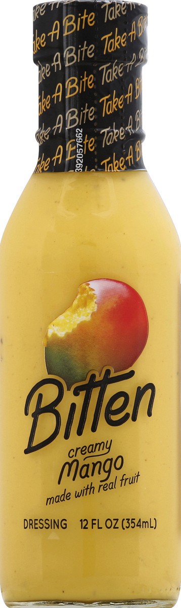 slide 3 of 6, Bitten Creamy Mango Dressing with Real Fruit, 12 oz Bottle, 12 fl oz