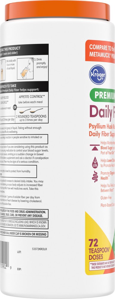 slide 4 of 4, Kroger Premium Daily Fiber Psyllium Husk Multihealth Daily Fiber Supplement, 14.6 oz