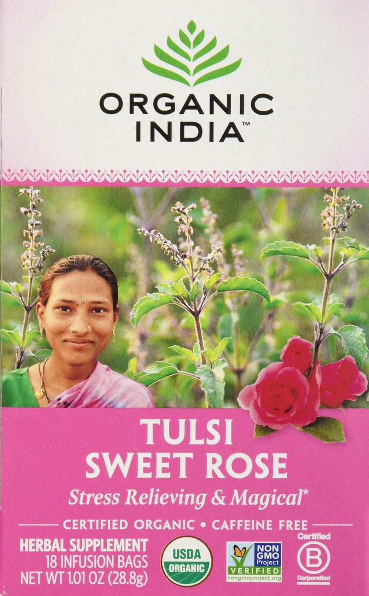 slide 1 of 12, Organic India Caffeine Free Infusion Bags Tulsi Sweet Rose Tea - 18 ct, 18 ct