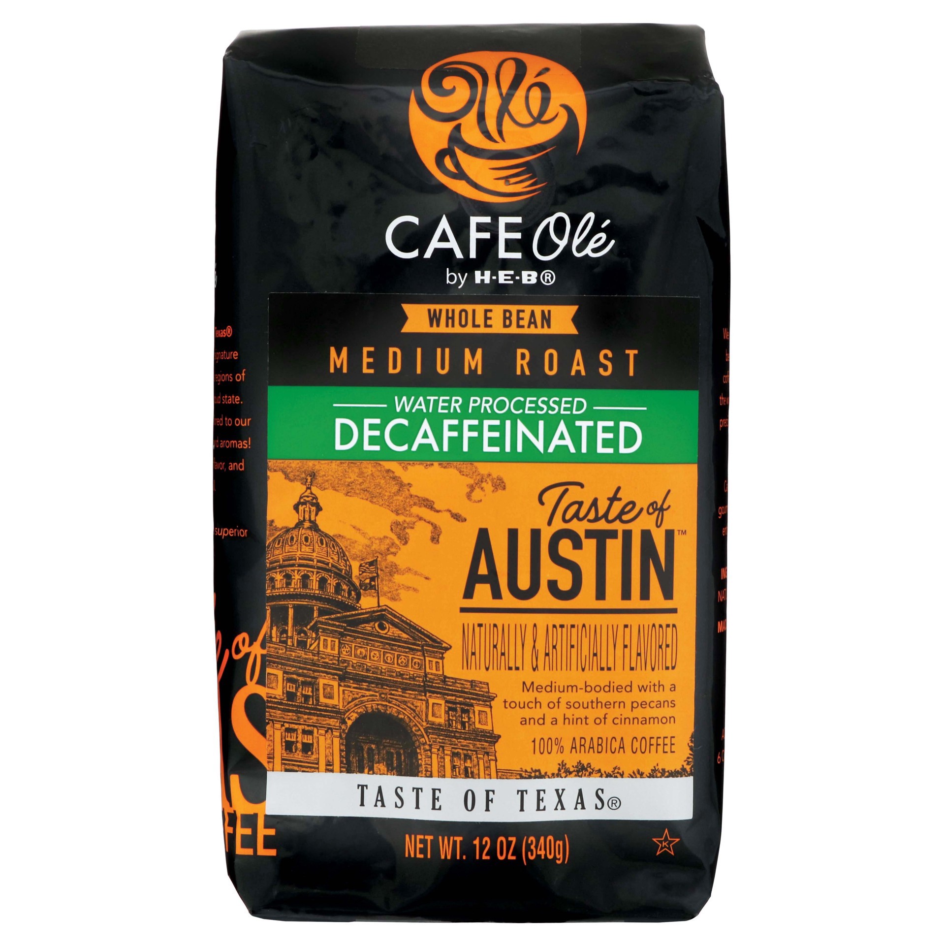 slide 1 of 1, H-E-B Cafe Ole Whole Bean Taste of Austin Decaf Medium Roast Coffee - 12 oz, 12 oz