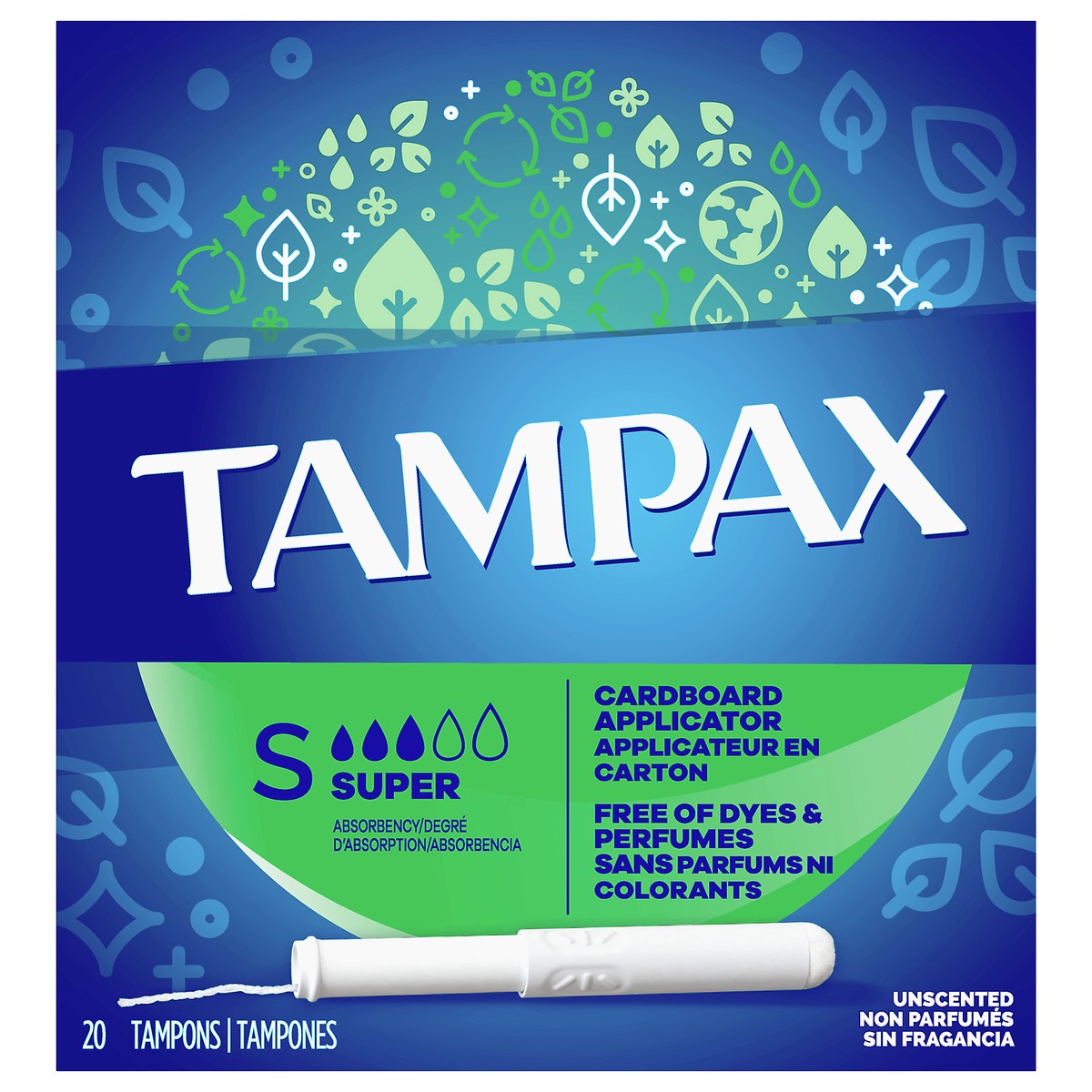 slide 1 of 1, Tampax Cardboard Tampons Super Absorbency, Anti-Slip Grip, LeakGuard Skirt, Unscented, 20 Count, 20 ct