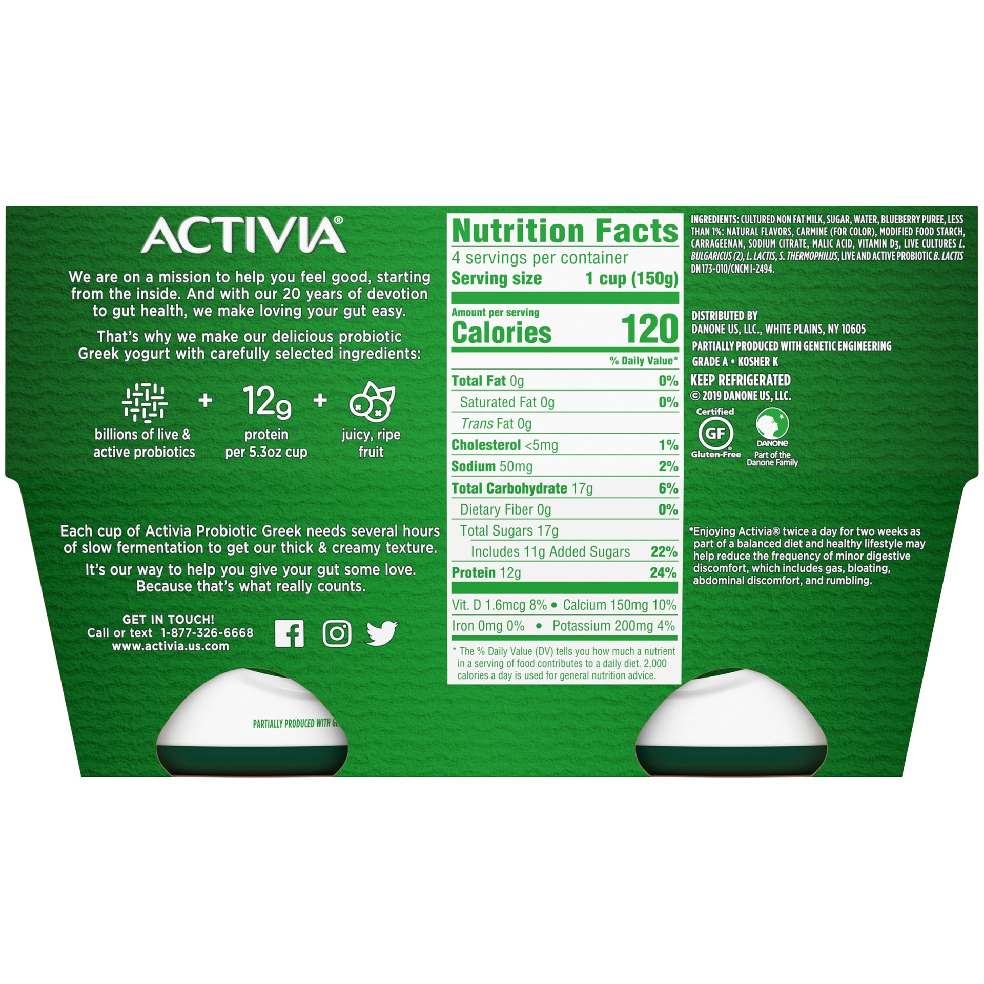 slide 4 of 7, Activia Nonfat Probiotic Blueberry Greek Yogurt Cups, 4 ct; 5.3 oz