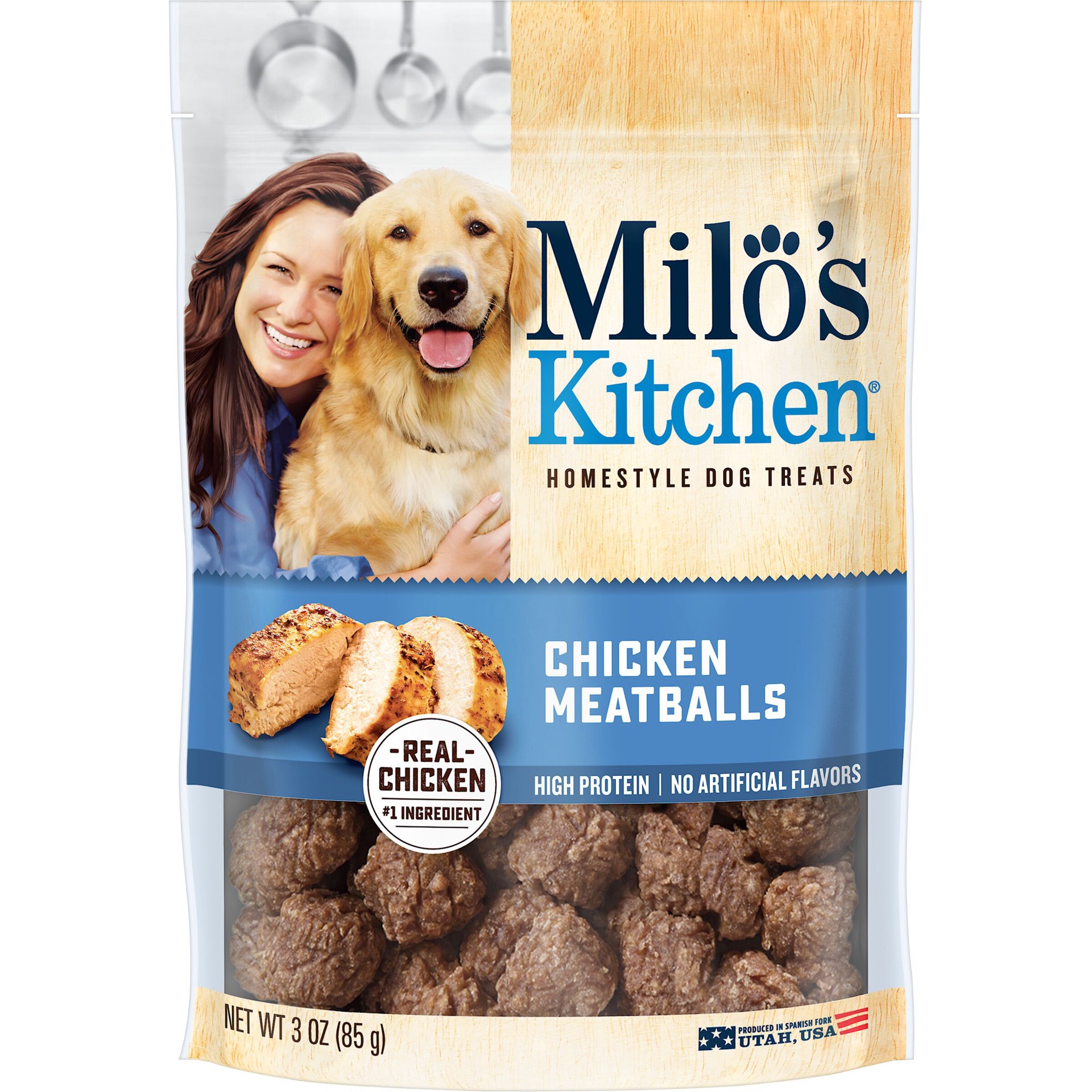 slide 1 of 5, Milo's Kitchen Chicken Meatballs Dog Treats, 3-Ounce, 3 oz