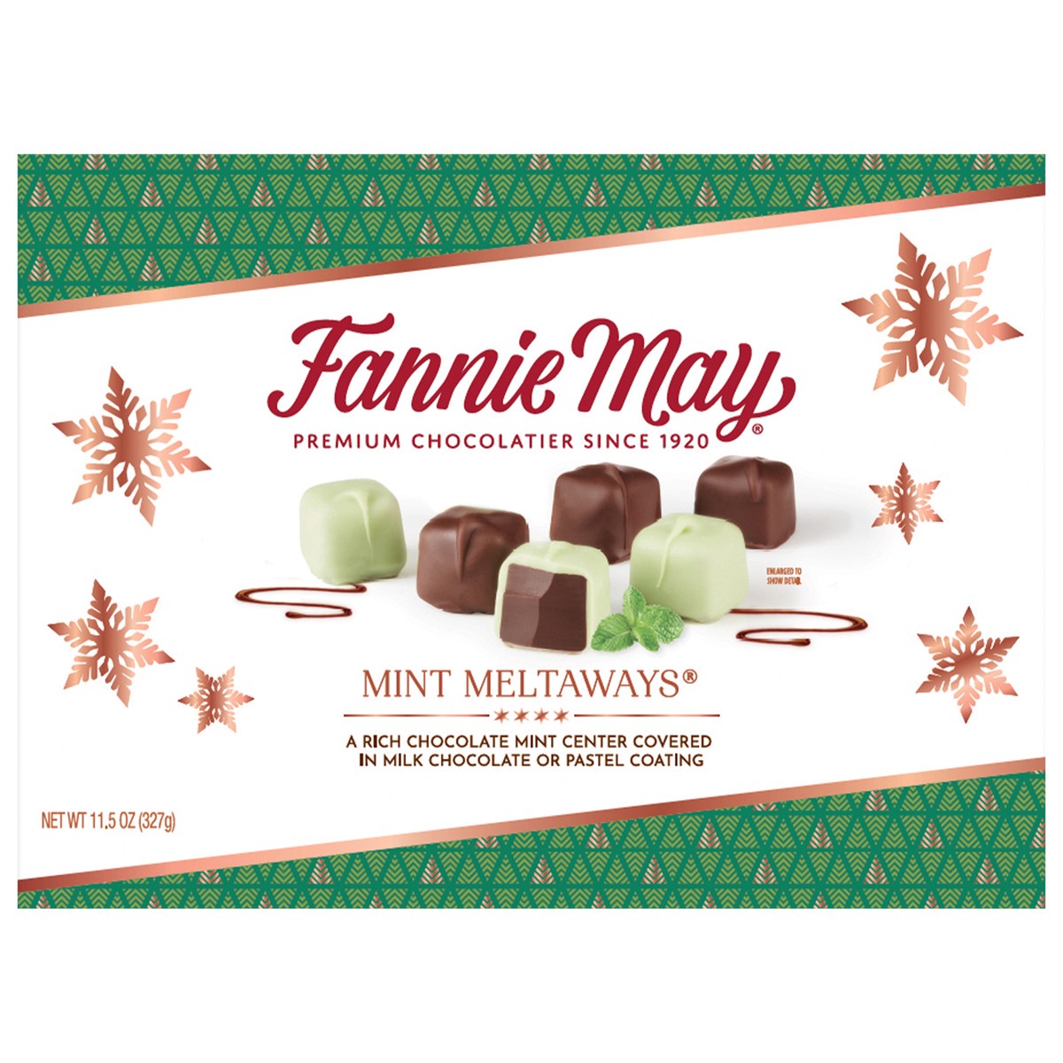 slide 2 of 2, FANNIE MAY Premium Mint Meltaways in Milk Chocolate and Pastel Coating, 11.5oz / 327g Holiday Box, 7.28 oz