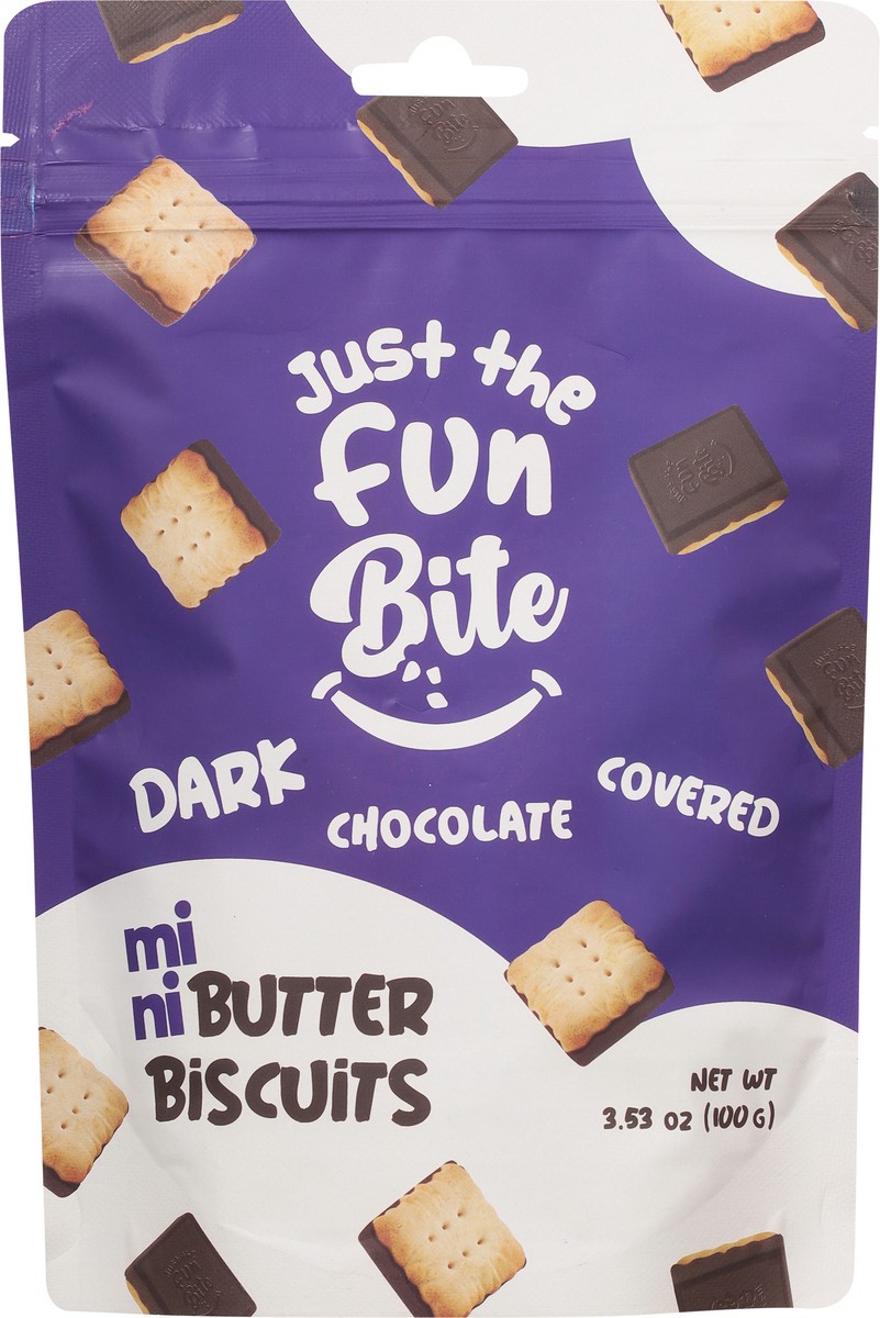 slide 3 of 13, Just the Fun Bite Mini Dark Chocolate Covered Butter Biscuits 3.53 oz, 3.53 oz
