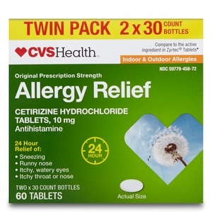 slide 1 of 1, CVS Health Indoor & Outdoor 24-Hour Allergy Relief Cetirizine Hydrochloride Tablets, 60 ct; 10 mg