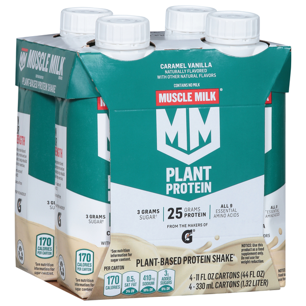 slide 1 of 1, Muscle Milk Plant-Based Caramel Vanilla Protein Shake 4 - 11 fl oz Cartons, 4 ct