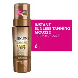 Jergens Natural Glow Instant Sun Body Mousse, Self Tanner for Deep Bronze Tan, Sunless Tanning Body Bronzer, Natural Looking Fake Tan, 6 oz