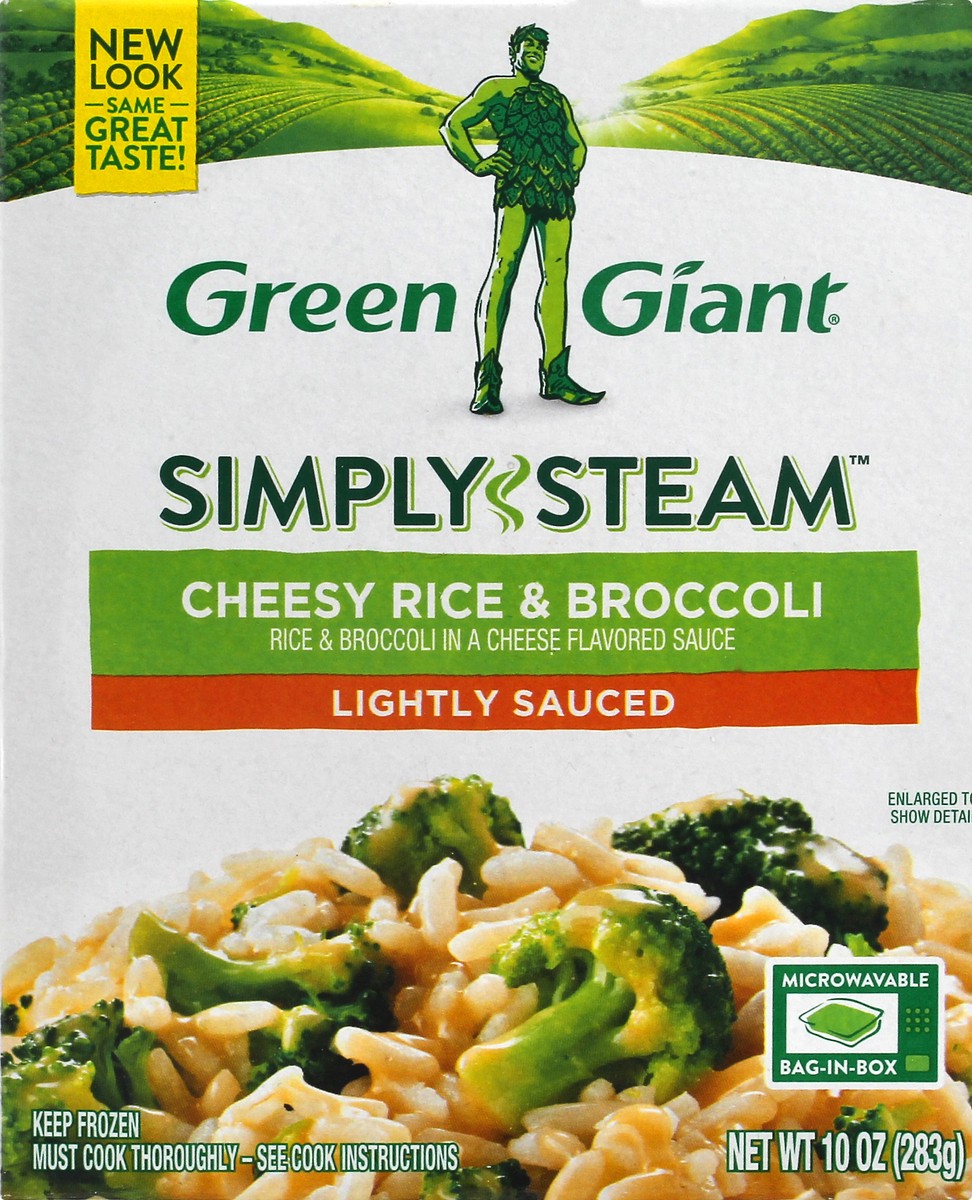 slide 1 of 9, Green Giant Simply Steam Lightly Sauced Cheesy Rice & Broccoli 10 oz, 10 oz