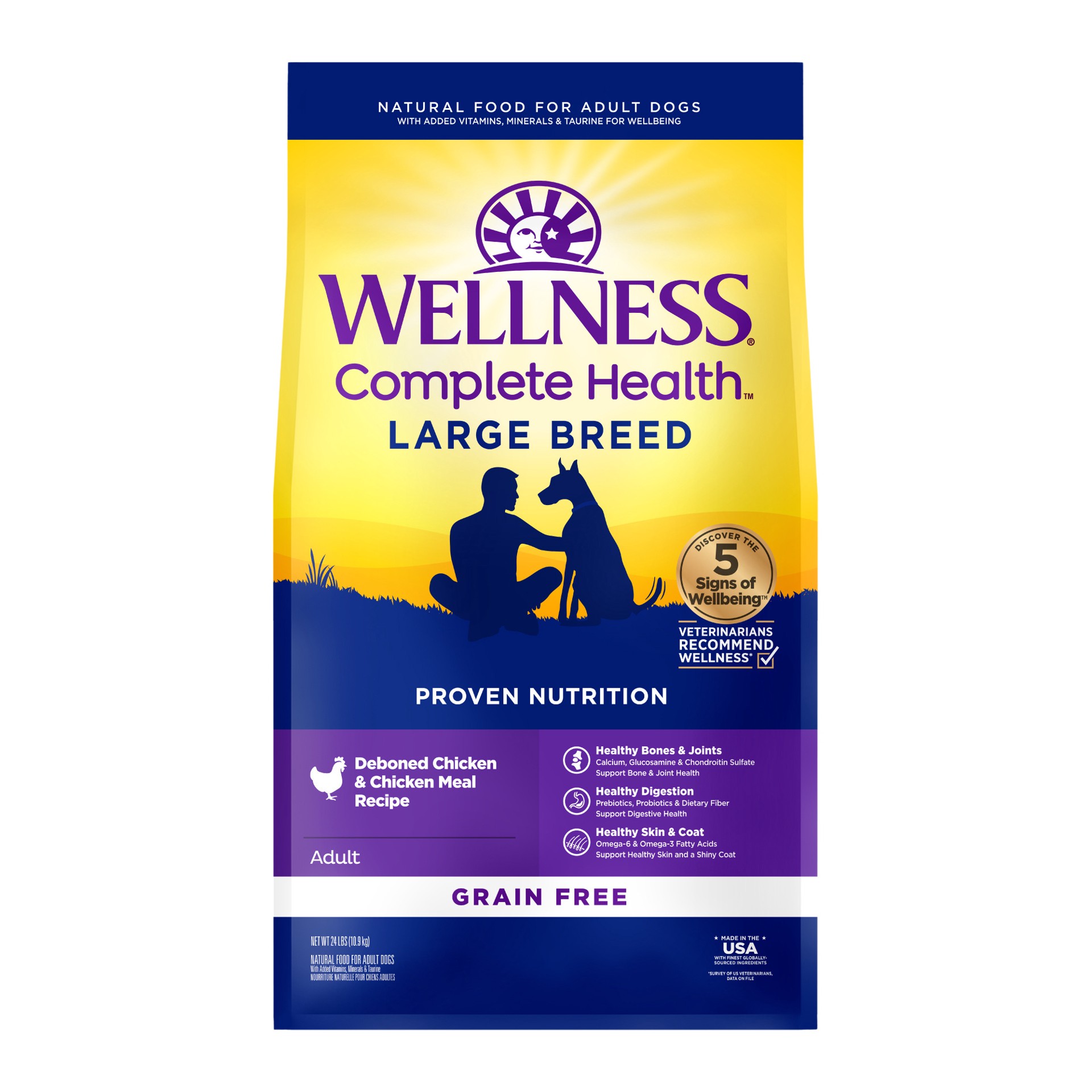 slide 1 of 5, Wellness Complete Health Natural Grain Free Dry Large Breed Dog Food, Chicken, 24-Pound Bag, 24 lb