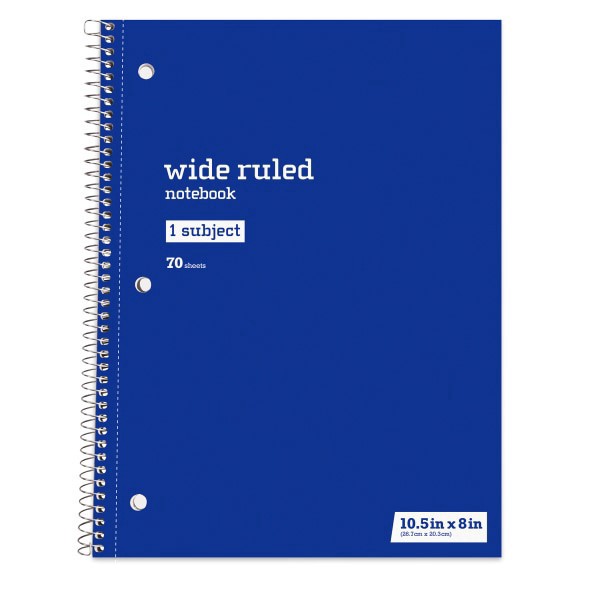 slide 1 of 1, Just Basics Spiral Notebook, 8"" X 10-1/2"", Wide Ruled, 70 Sheets, Blue, 70 ct