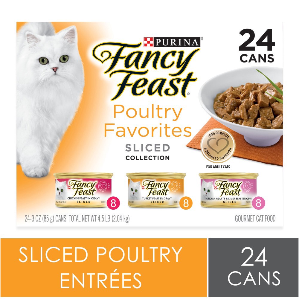 slide 1 of 9, Fancy Feast Purina Fancy Feast Sliced Poultry Favorites in Wet Cat Food Gravy Variety Pack - (24) 3 oz. Cans, 24 ct