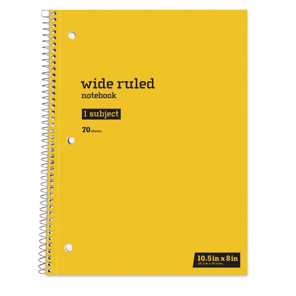 slide 1 of 1, Just Basics Spiral Notebook, 8"" X 10-1/2"", Wide Ruled, 70 Sheets, Yellow, 70 ct