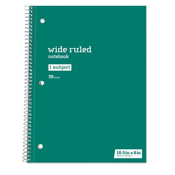 slide 1 of 1, Just Basics Spiral Notebook, 8"" X 10-1/2"", Wide Ruled, 70 Sheets, Green, 70 ct