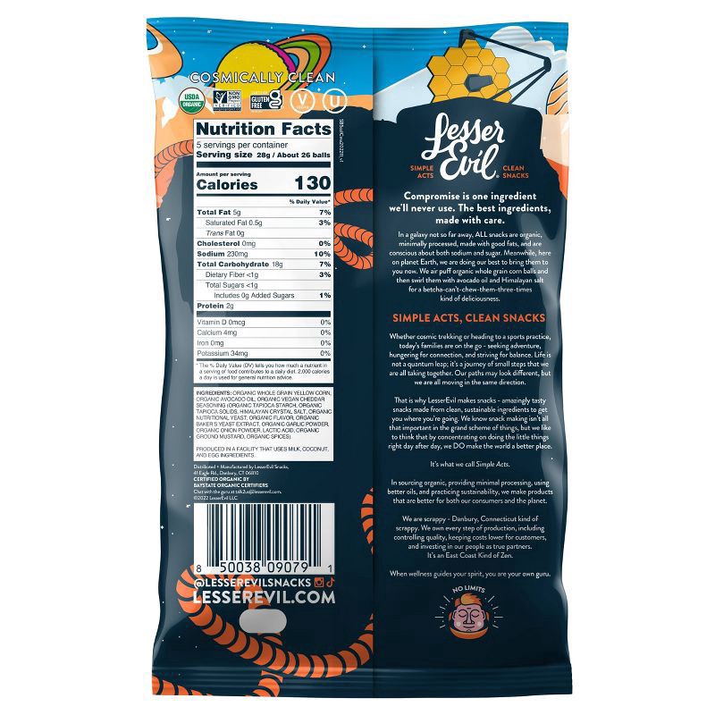 slide 4 of 4, LesserEvil Organic Cheddar Space Balls - 5 oz, 5 oz