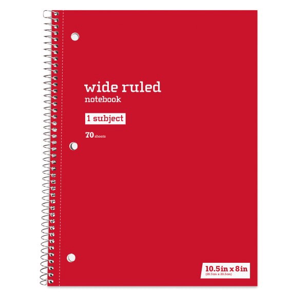 slide 1 of 1, Just Basics Spiral Notebook, 8"" X 10-1/2"", Wide Ruled, 70 Sheets, Red, 70 ct
