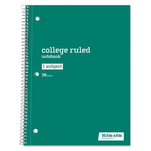 slide 1 of 1, Just Basics Spiral Notebook, 8"" X 10-1/2"", College Ruled, 70 Sheets, Green, 70 ct
