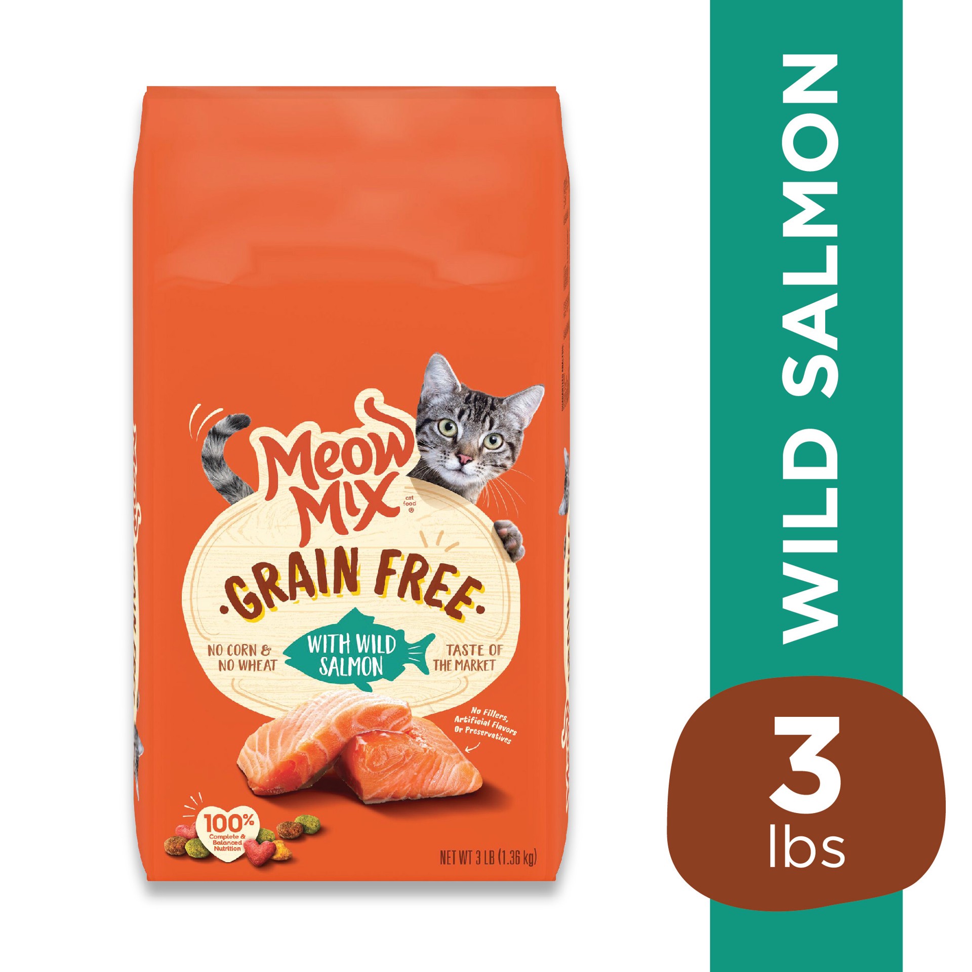 slide 3 of 4, Meow Mix Grain Free Wild Salmon Cat Food 3 oz, 3 lb