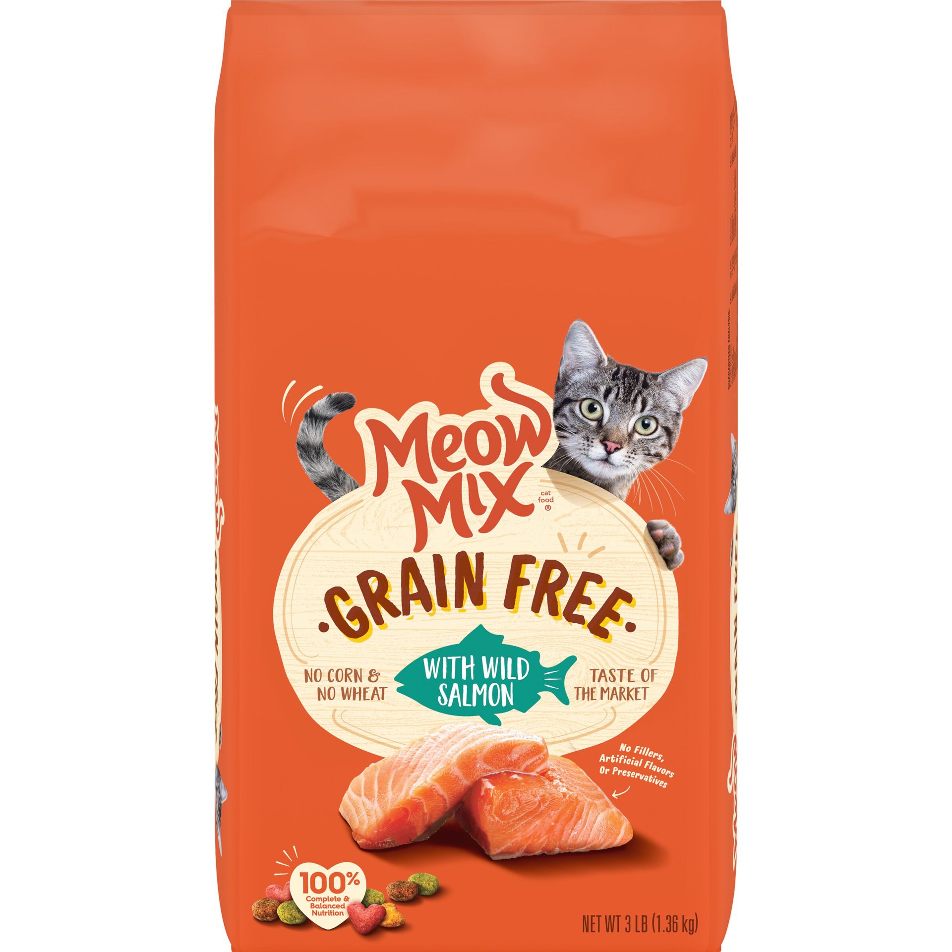 slide 1 of 4, Meow Mix Grain Free with Wild Salmon, 3-lb bag, 3 lb